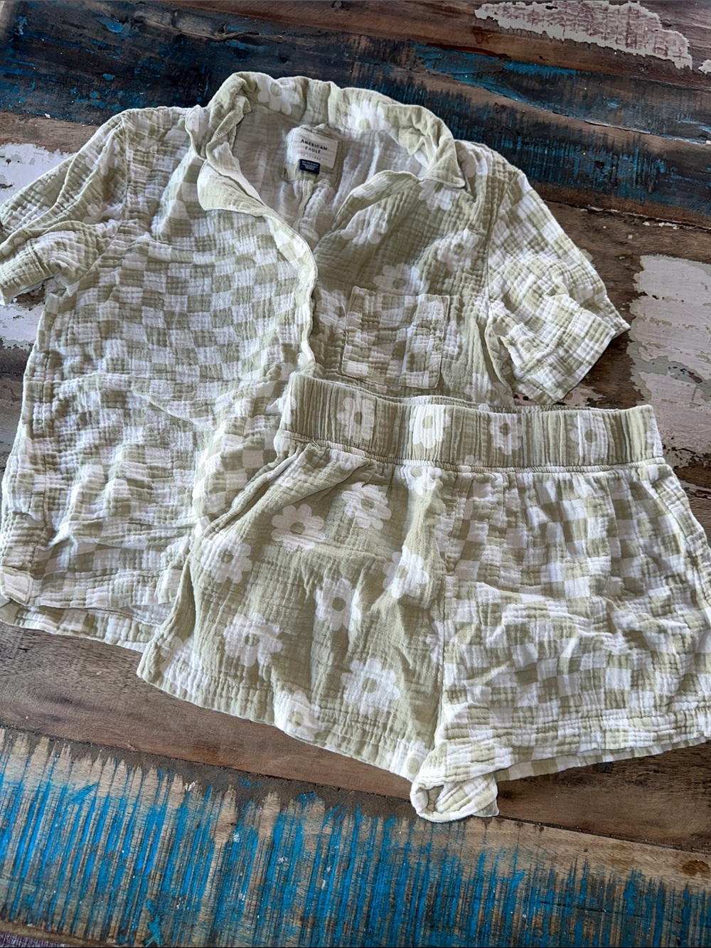 American Eagle AE Lounge Floral Check Short Pajama Set - Light Green & White XS